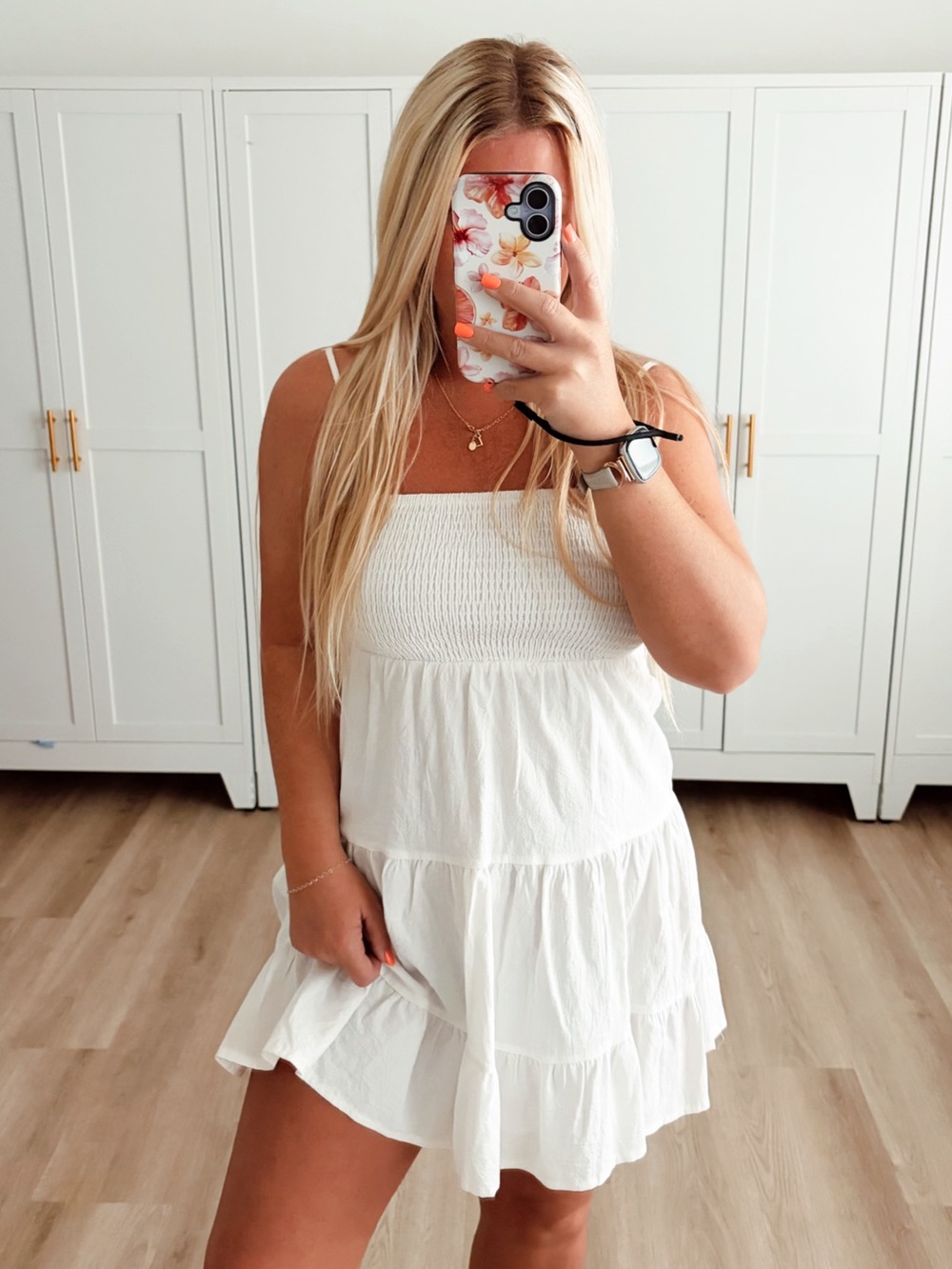 White smocked mini sundress